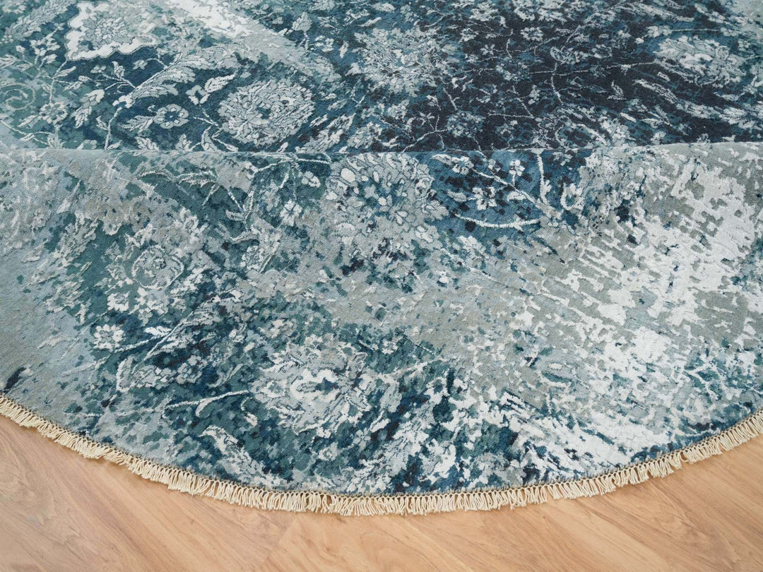 9'10" x 9'10" New Hand Knotted Blue Wool & Silk Round Oriental Rug - MOA10265630
