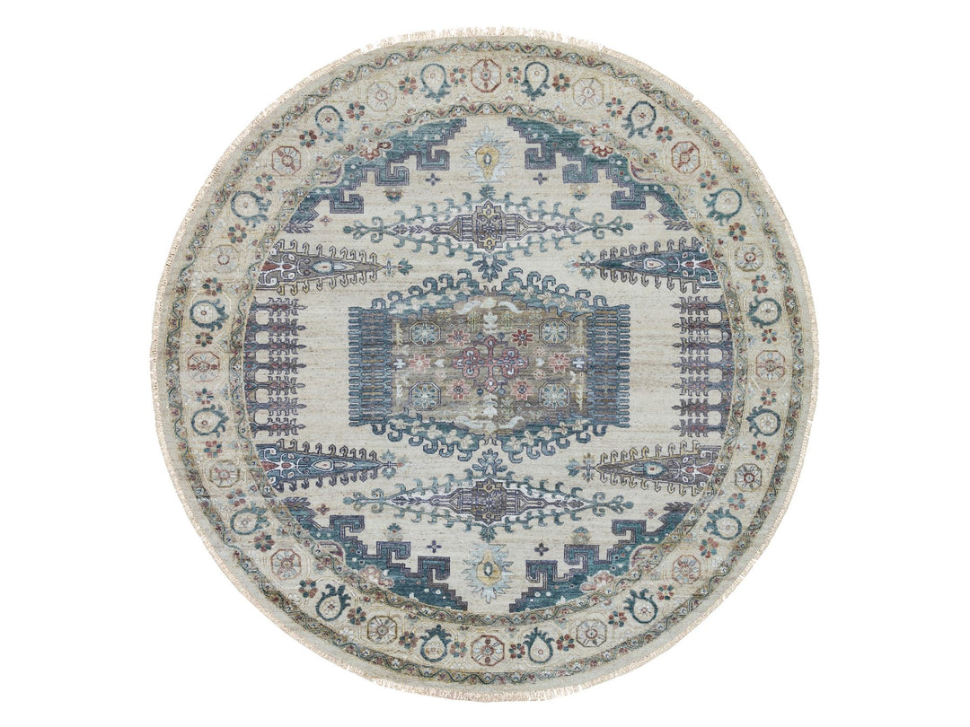 9'9" x 9'9" New Hand Knotted Ivory Wool Round Oriental Rug - MOA10265636