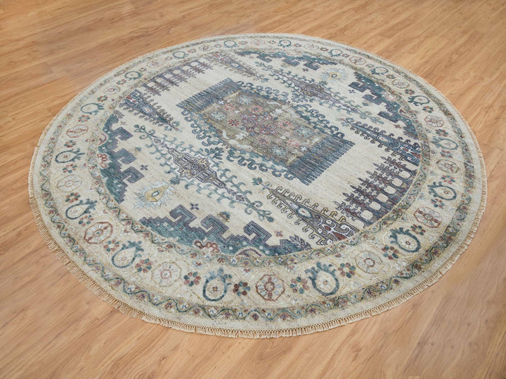 9'9" x 9'9" New Hand Knotted Ivory Wool Round Oriental Rug - MOA10265636