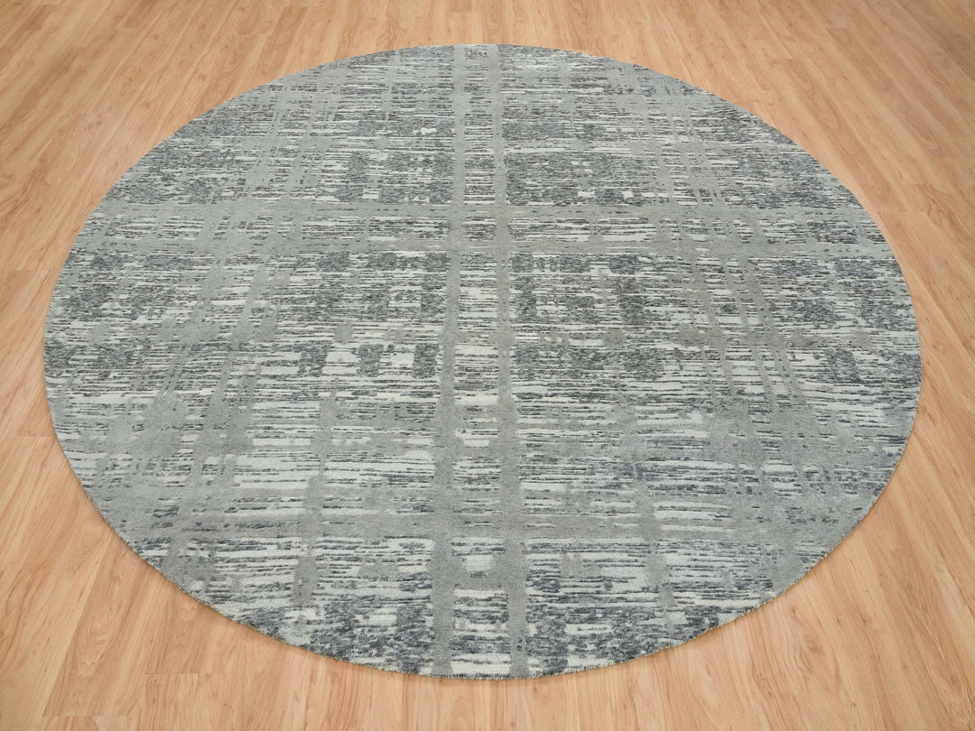 10'1" x 10'1" New Hand Knotted Grey Wool Round Oriental Rug - MOA10265640
