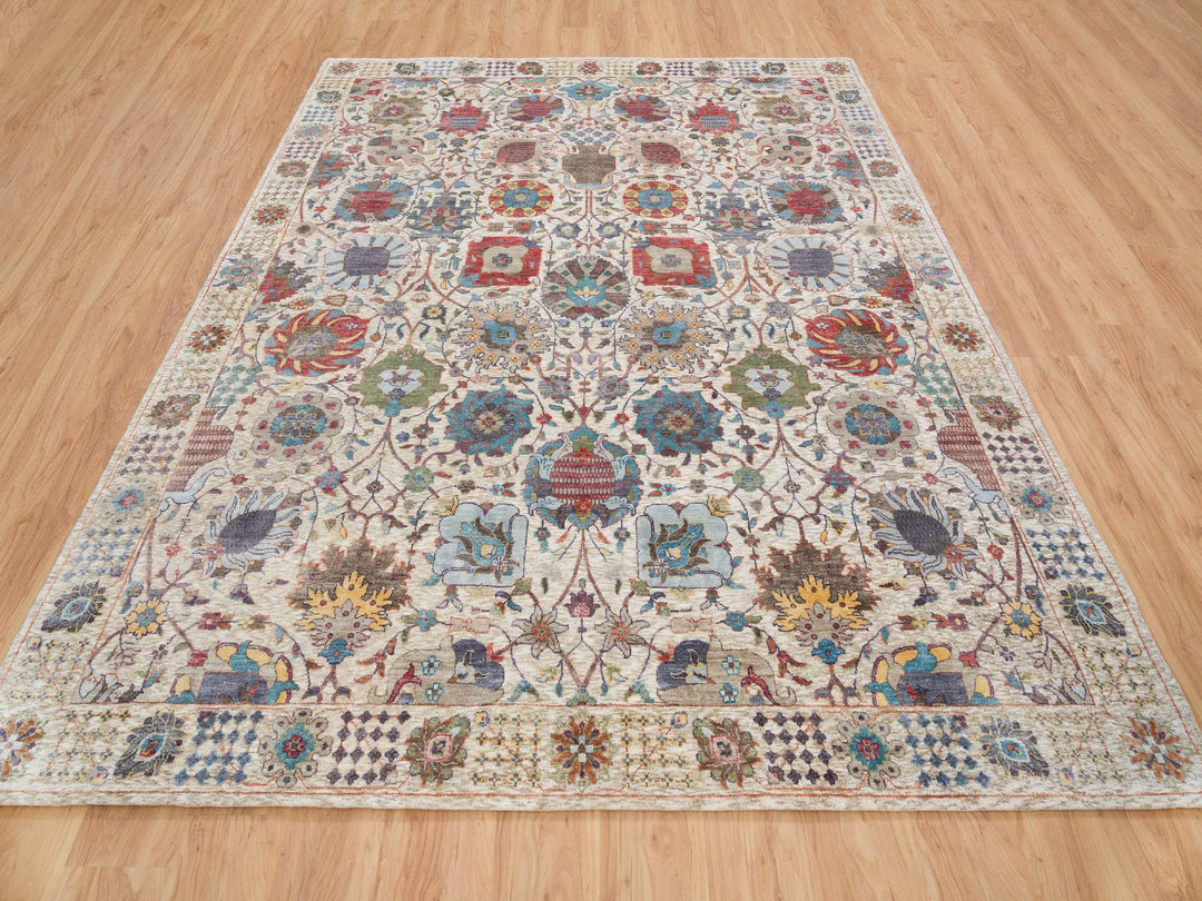 8'3" x 10'3" New Hand Knotted Ivory Wool & Silk Rectangle Oriental Rug - MOA10265664