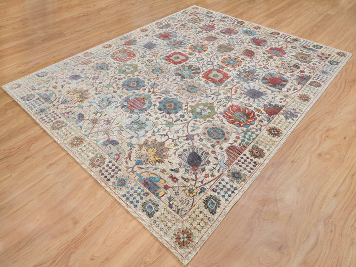 8'3" x 10'3" New Hand Knotted Ivory Wool & Silk Rectangle Oriental Rug - MOA10265664