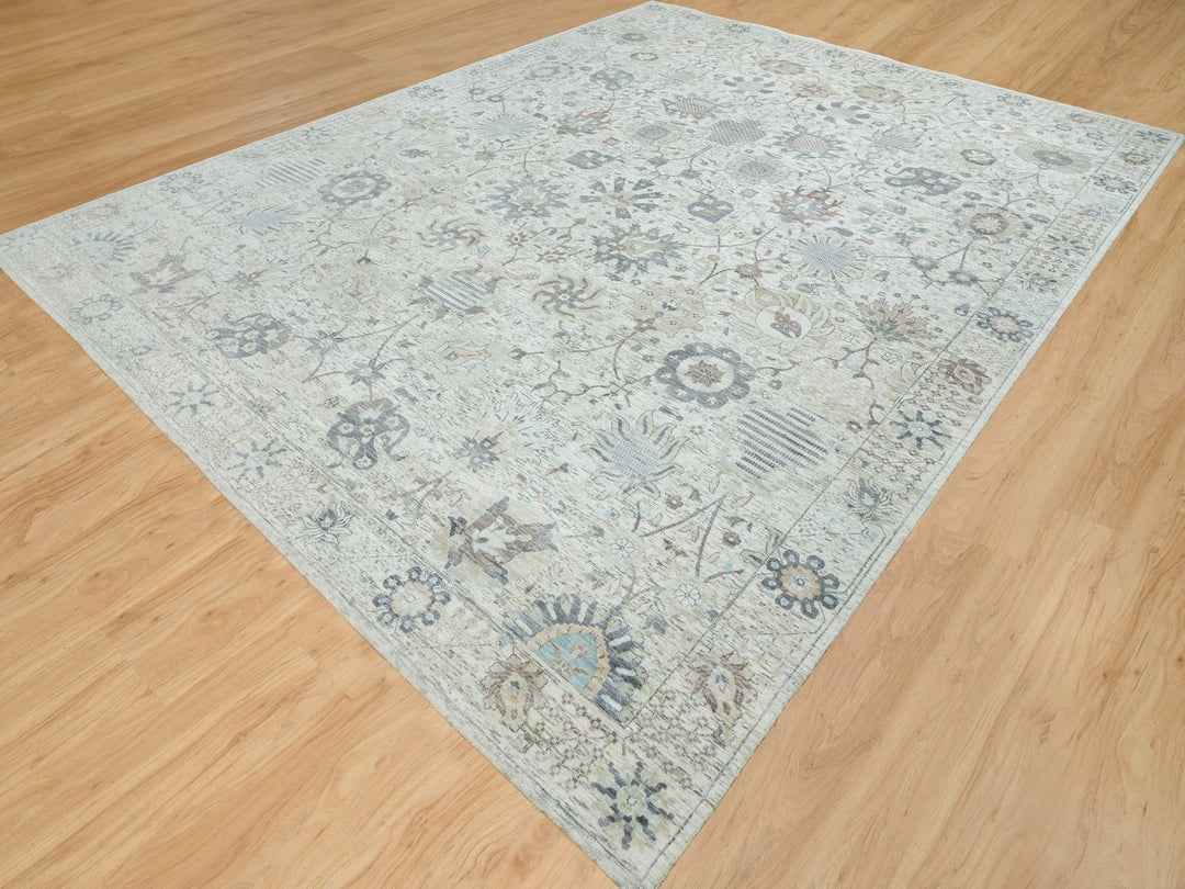 12'0" x 15'5" New Hand Knotted Ivory Wool & Silk Rectangle Oriental Rug - MOA10265683