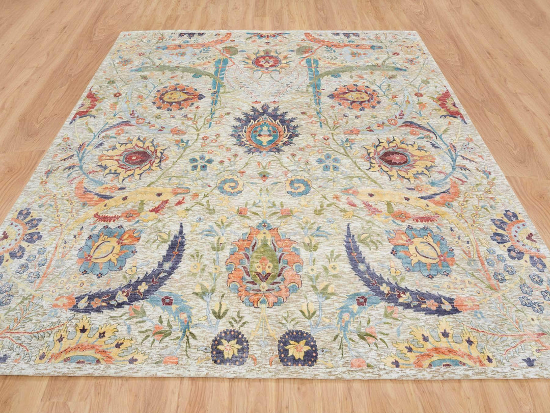 10'3" x 10'4" New Hand Knotted Beige Wool & Silk Square Oriental Rug - MOA10265687