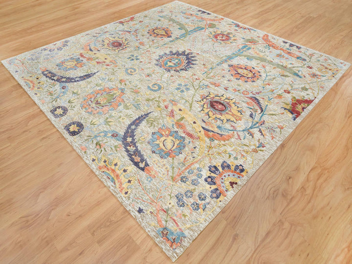 10'3" x 10'4" New Hand Knotted Ivory Wool & Silk Square Oriental Rug - MOA10265687