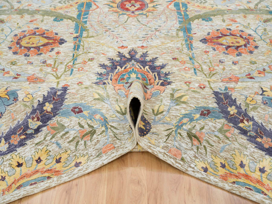 10'3" x 10'4" New Hand Knotted Ivory Wool & Silk Square Oriental Rug - MOA10265687