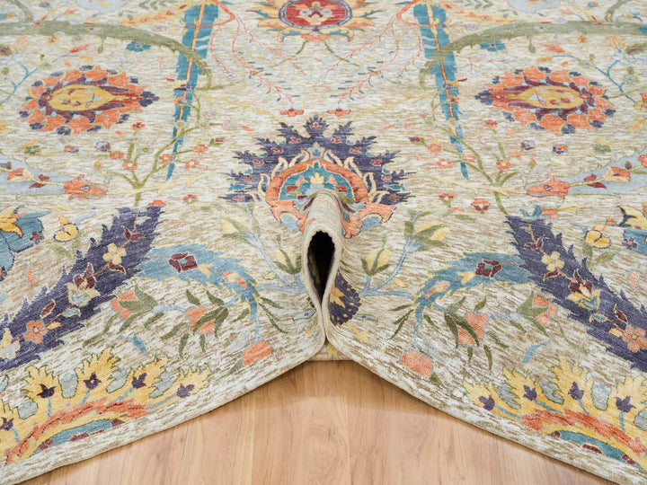 10'3" x 10'4" New Hand Knotted Ivory Wool & Silk Square Oriental Rug - MOA10265687