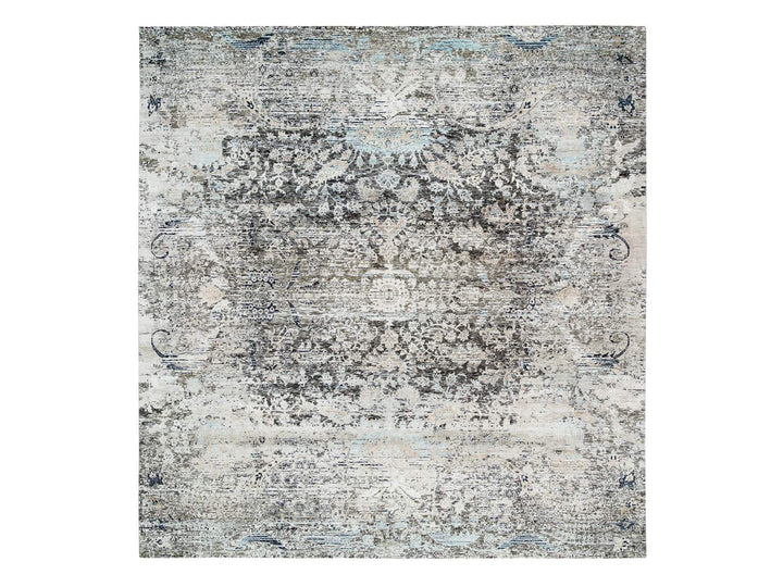 11'9" x 12'3" New Hand Knotted Grey Wool & Silk Square Oriental Rug - MOA10265689