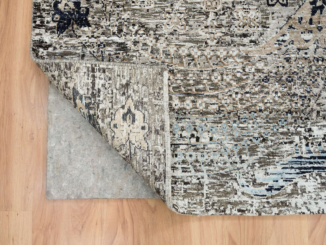 11'9" x 12'3" New Hand Knotted Grey Wool & Silk Square Oriental Rug - MOA10265689