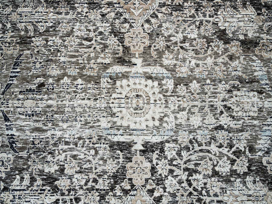 11'9" x 12'3" New Hand Knotted Grey Wool & Silk Square Oriental Rug - MOA10265689