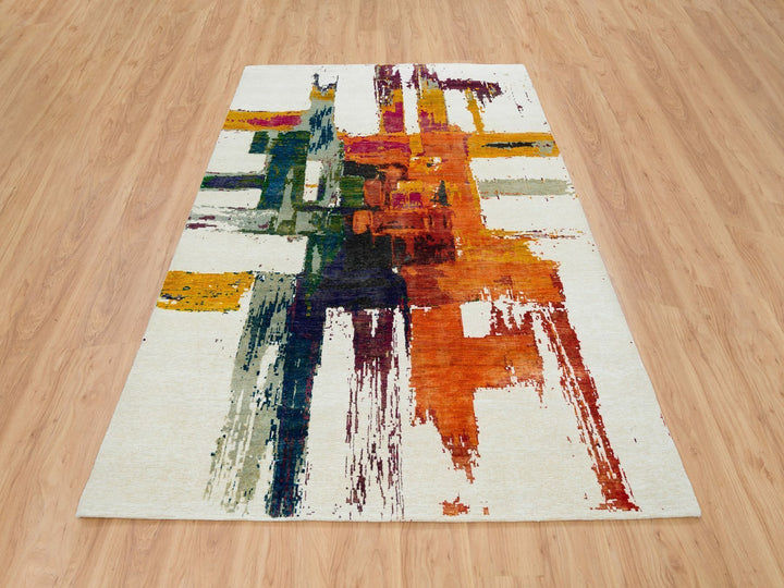 5'10" x 9'1" New Hand Knotted Multicolored Wool & Silk Rectangle Oriental Rug - MOA10265691