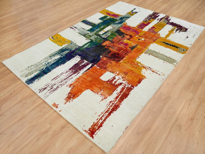 5'10" x 9'1" New Hand Knotted Multicolored Wool & Silk Rectangle Oriental Rug - MOA10265691