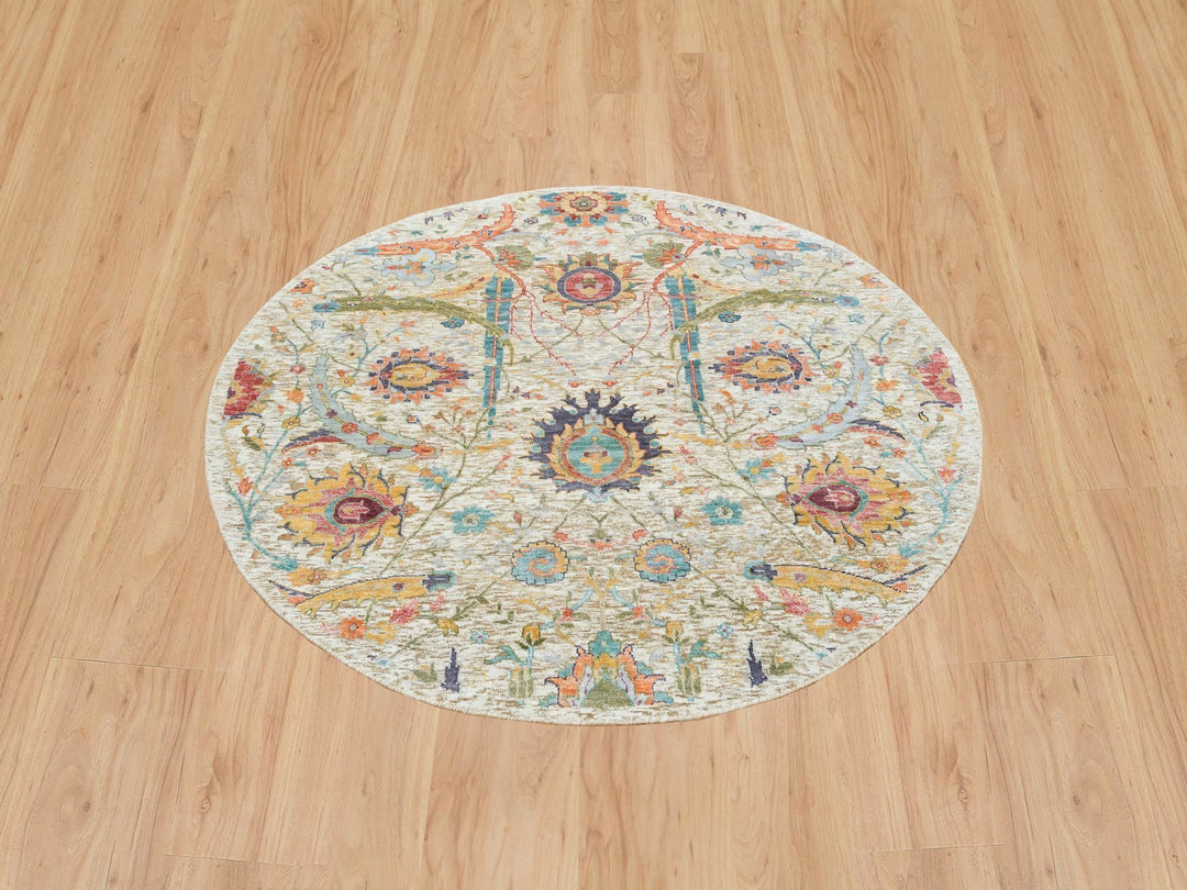 5'2" x 5'2" New Hand Knotted Ivory Wool & Silk Round Oriental Rug - MOA10265695