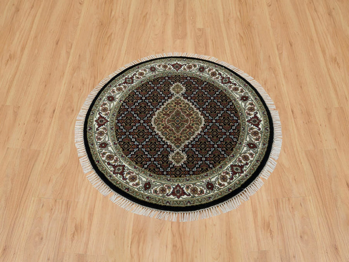 3'3" x 3'3" New Hand Knotted Black Wool Round Oriental Rug - MOA10265783
