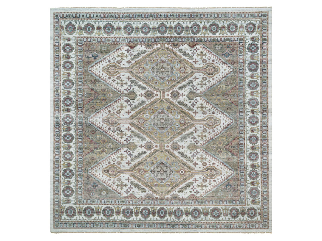 13'11" x 13'11" New Hand Knotted Ivory Wool Square Oriental Rug - MOA10265819