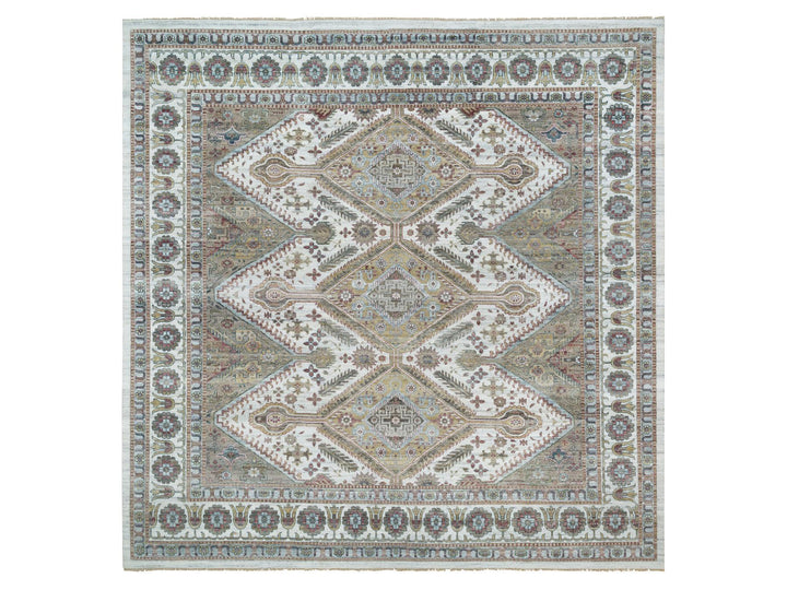 13'11" x 13'11" New Hand Knotted Ivory Wool Square Oriental Rug - MOA10265819