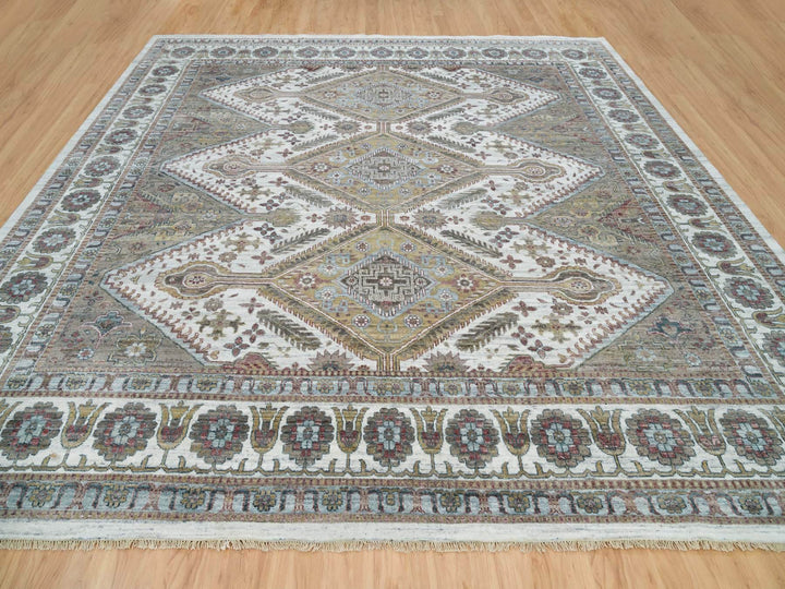 13'11" x 13'11" New Hand Knotted Ivory Wool Square Oriental Rug - MOA10265819