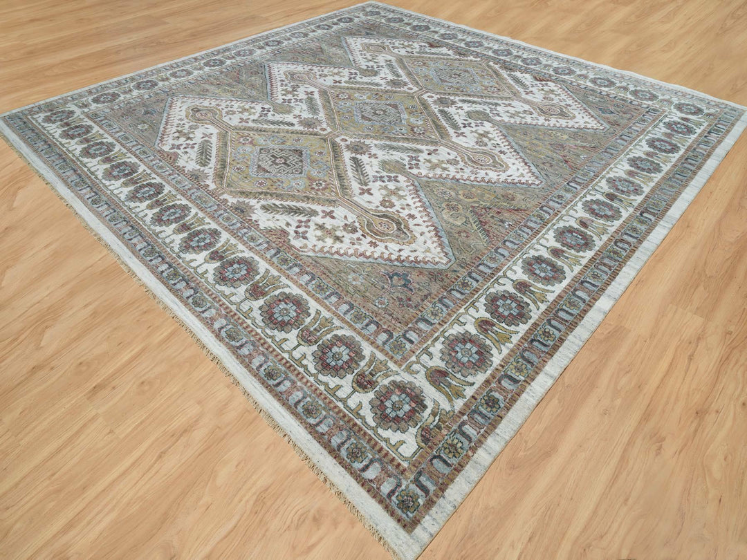13'11" x 13'11" New Hand Knotted Ivory Wool Square Oriental Rug - MOA10265819