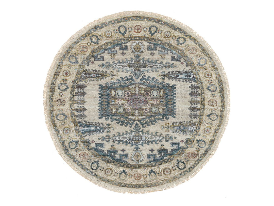 4'11" x 4'11" New Hand Knotted Ivory Wool Round Oriental Rug - MOA10265825