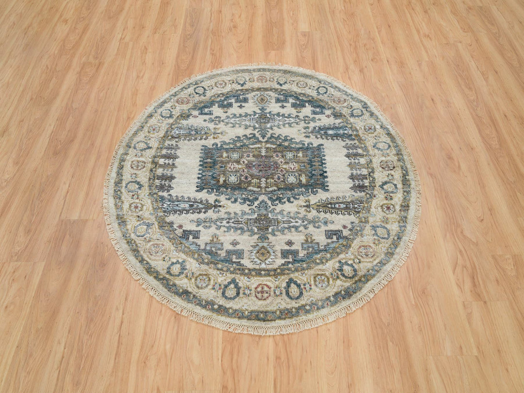 4'11" x 4'11" New Hand Knotted Ivory Wool Round Oriental Rug - MOA10265825