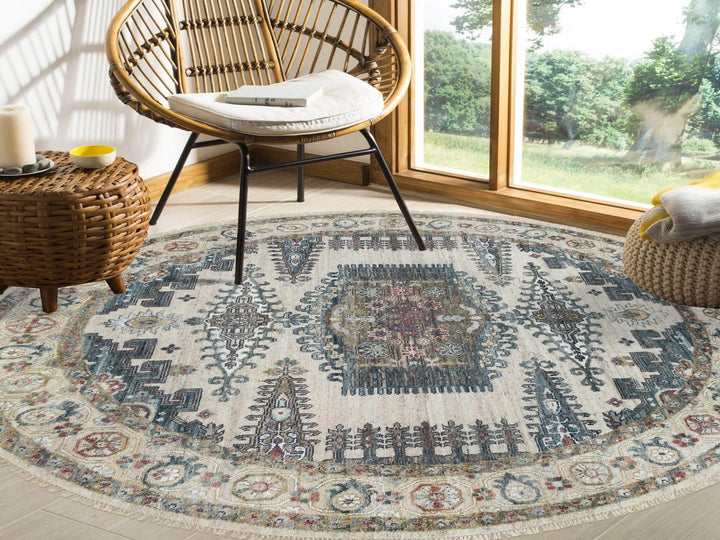 8'0" x 8'0" New Hand Knotted Ivory Wool Round Oriental Rug - MOA10265826