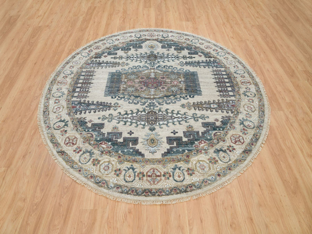 8'0" x 8'0" New Hand Knotted Ivory Wool Round Oriental Rug - MOA10265826