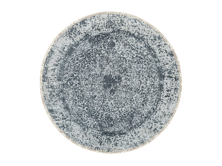 5'11" x 5'11" New Hand Knotted Grey Wool & Silk Round Oriental Rug - MOA10265829