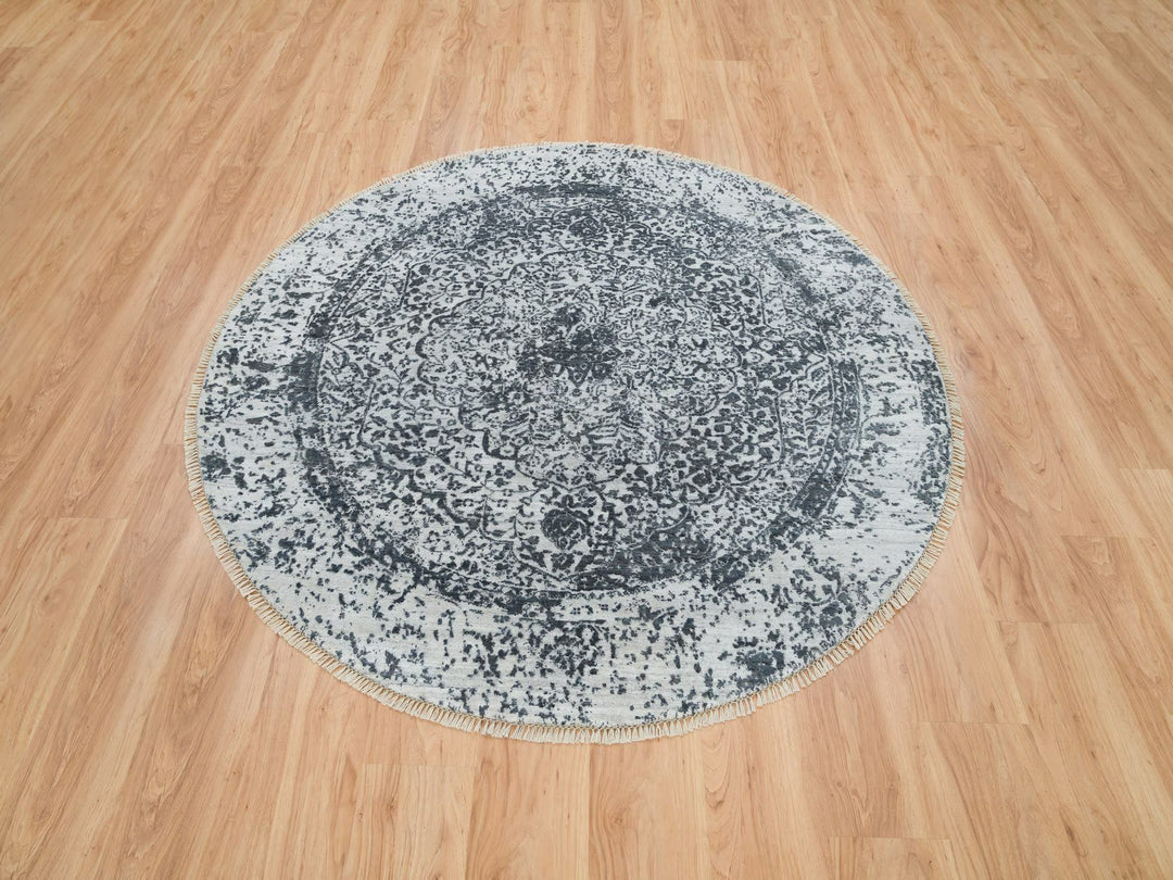 5'11" x 5'11" New Hand Knotted Grey Wool & Silk Round Oriental Rug - MOA10265829