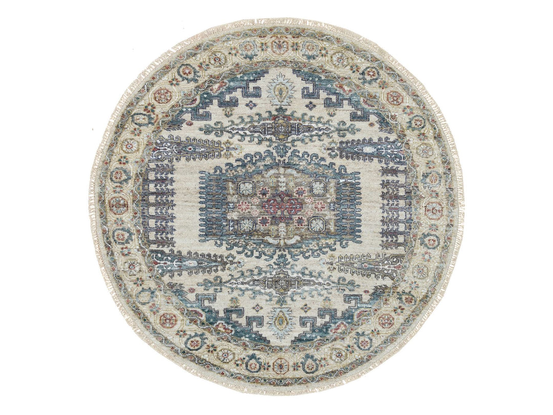 5'10" x 5'10" New Hand Knotted Ivory Wool Round Oriental Rug - MOA10265837