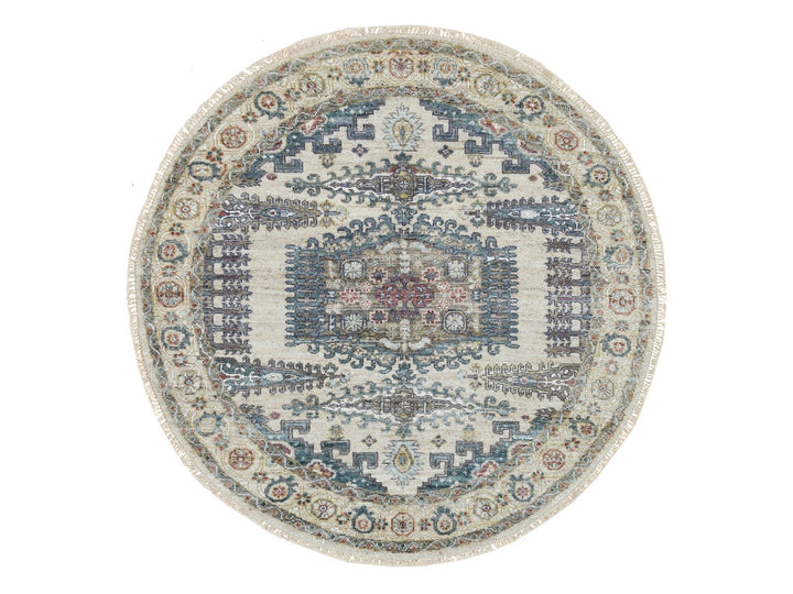 5'10" x 5'10" New Hand Knotted Ivory Wool Round Oriental Rug - MOA10265837