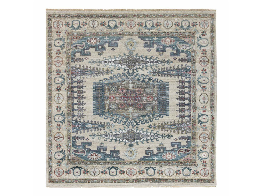 9'8" x 9'11" New Hand Knotted Ivory Wool Square Oriental Rug - MOA10265857