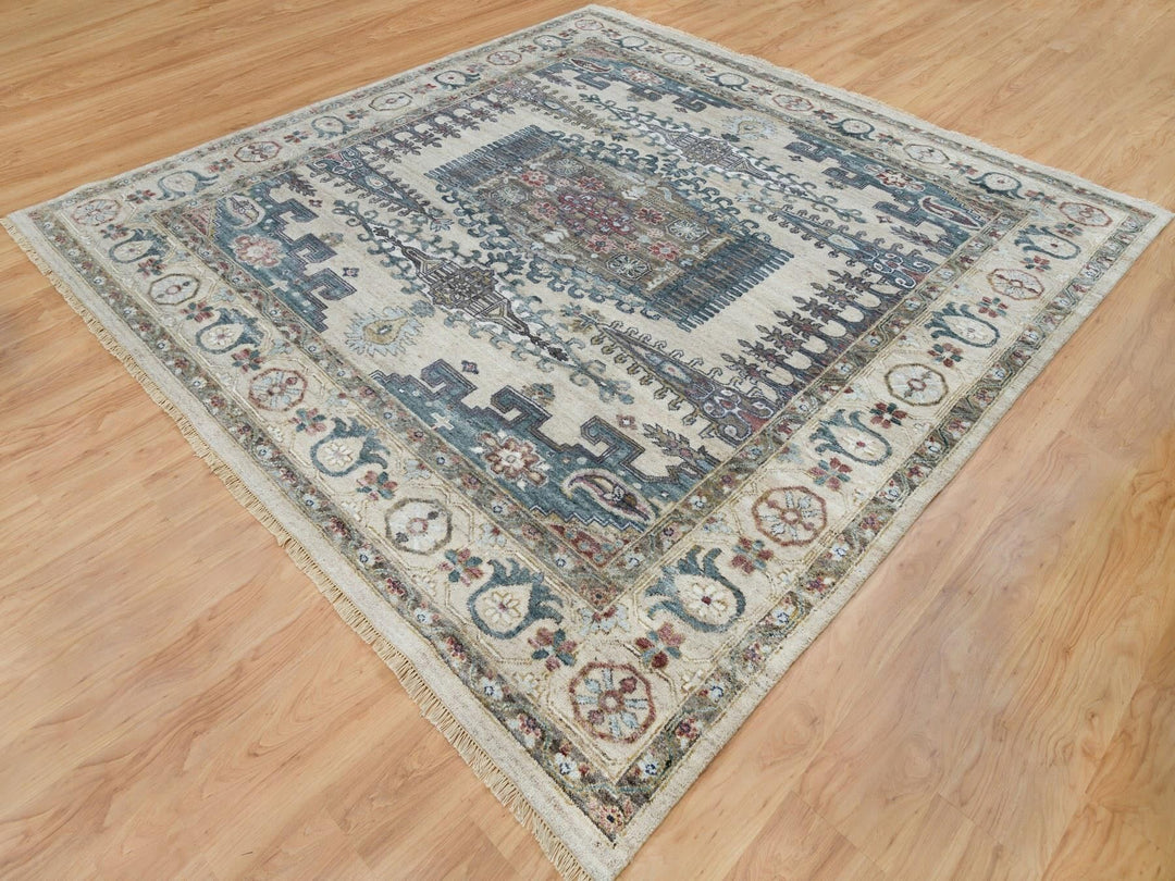 9'8" x 9'11" New Hand Knotted Ivory Wool Square Oriental Rug - MOA10265857