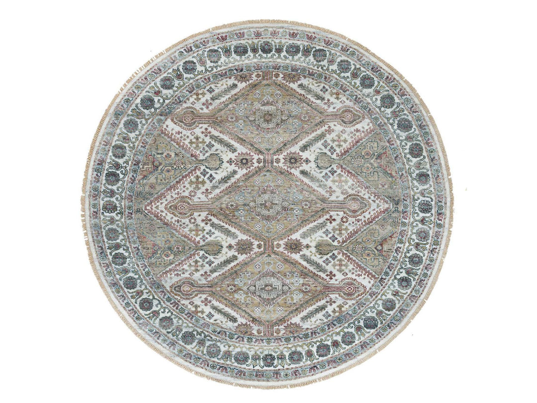 7'11" x 7'11" New Hand Knotted Ivory Wool Round Oriental Rug - MOA10265859