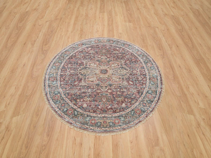 5'11" x 5'11" New Hand Knotted Red Wool Round Oriental Rug - MOA10265860