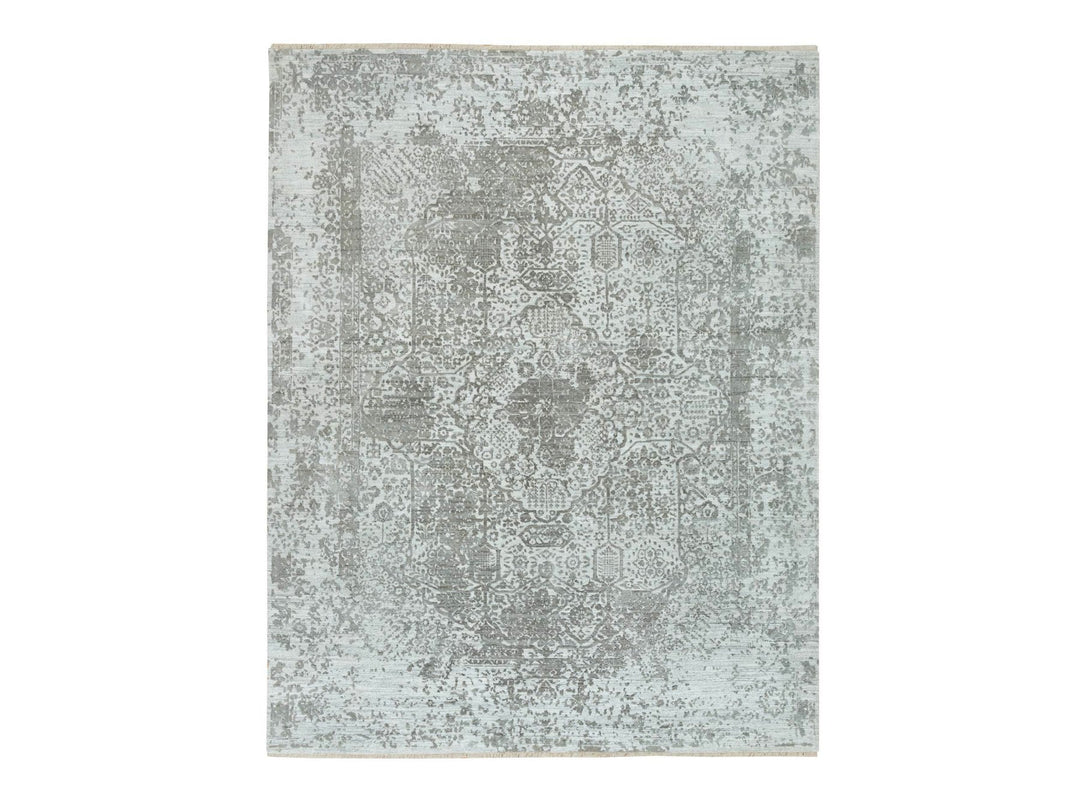 8'0" x 10'2" New Hand Knotted Grey Wool & Silk Rectangle Oriental Rug - MOA10265872