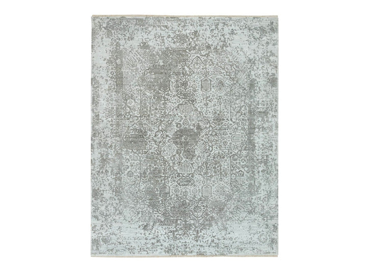 8'0" x 10'2" New Hand Knotted Grey Wool & Silk Rectangle Oriental Rug - MOA10265872