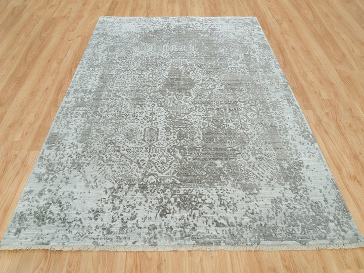 8'0" x 10'2" New Hand Knotted Grey Wool & Silk Rectangle Oriental Rug - MOA10265872