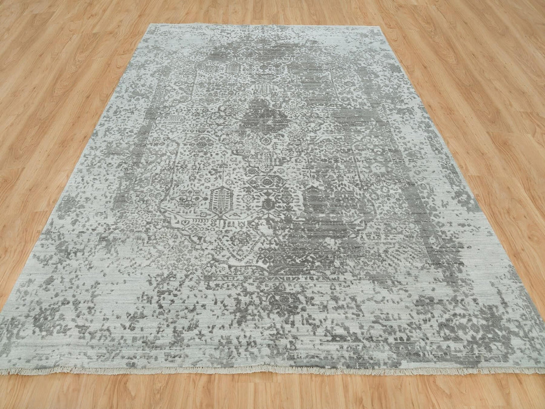 8'11" x 11'11" New Hand Knotted Grey Wool & Silk Rectangle Oriental Rug - MOA10265873