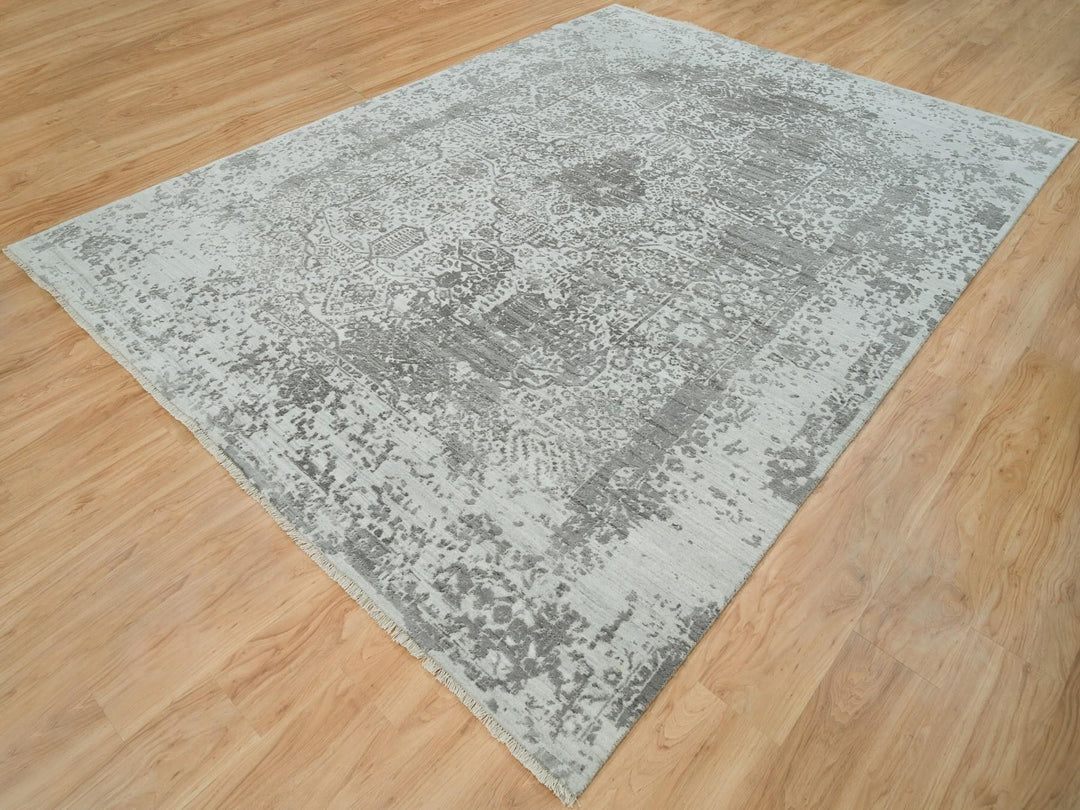 8'11" x 11'11" New Hand Knotted Grey Wool & Silk Rectangle Oriental Rug - MOA10265873