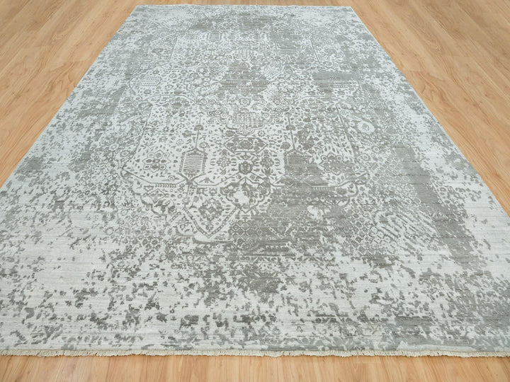 12'1" x 17'10" New Hand Knotted Grey Wool & Silk Rectangle Oriental Rug - MOA10265875