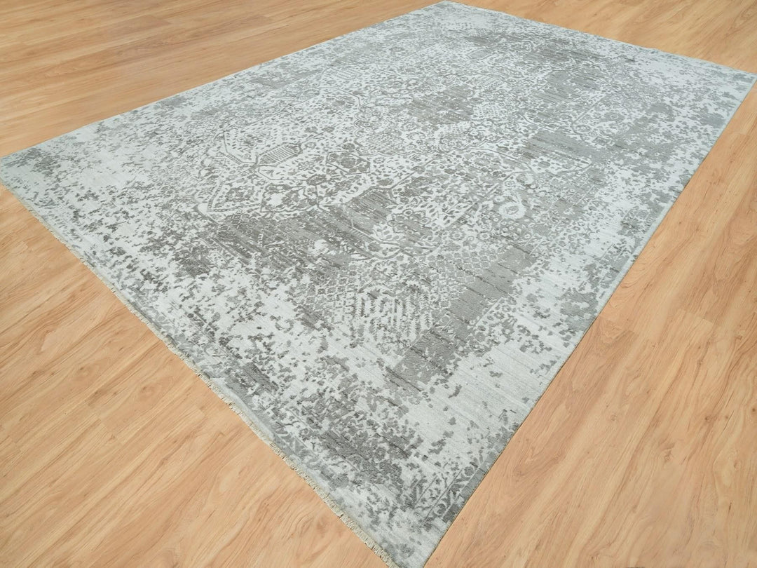 12'1" x 17'10" New Hand Knotted Grey Wool & Silk Rectangle Oriental Rug - MOA10265875