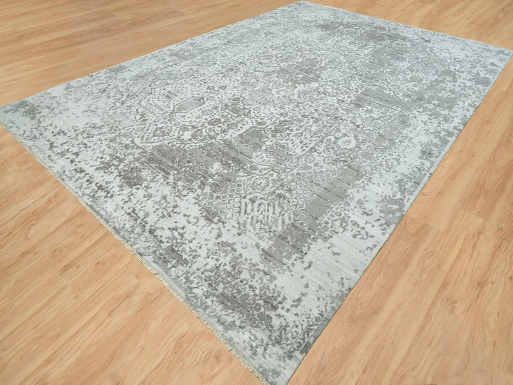 12'1" x 17'10" New Hand Knotted Grey Wool & Silk Rectangle Oriental Rug - MOA10265875