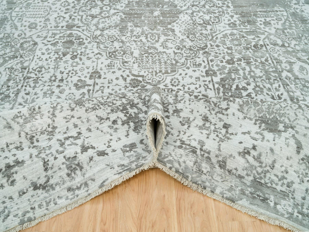 12'1" x 17'10" New Hand Knotted Grey Wool & Silk Rectangle Oriental Rug - MOA10265875