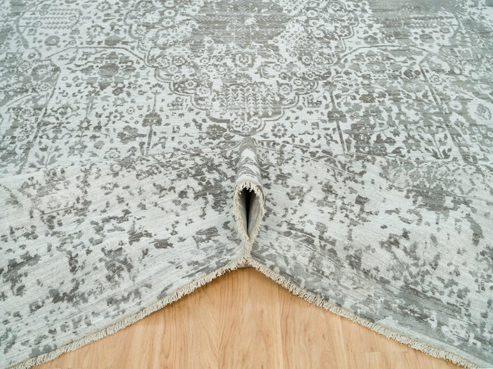 12'1" x 17'10" New Hand Knotted Grey Wool & Silk Rectangle Oriental Rug - MOA10265875