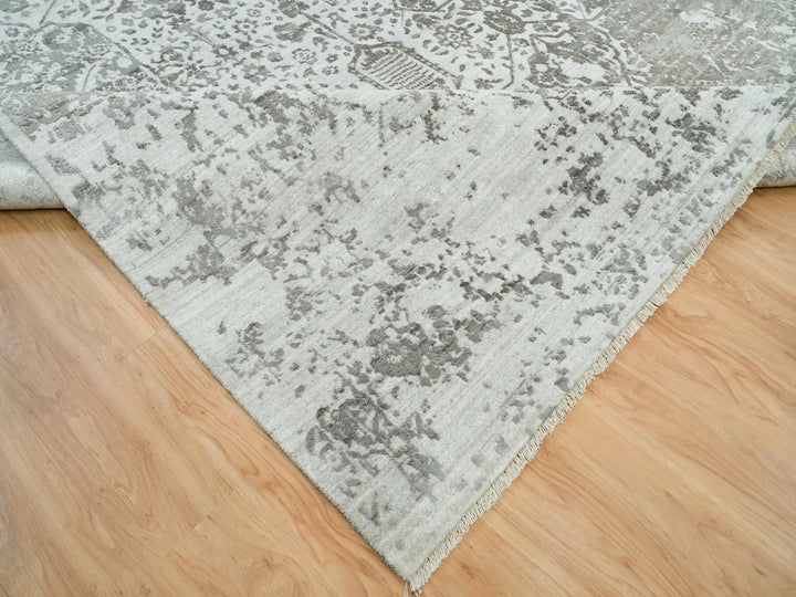 12'1" x 17'10" New Hand Knotted Grey Wool & Silk Rectangle Oriental Rug - MOA10265875