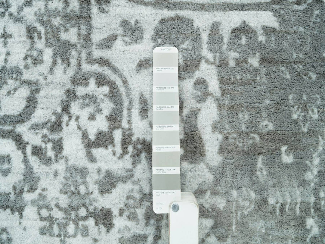 12'1" x 17'10" New Hand Knotted Grey Wool & Silk Rectangle Oriental Rug - MOA10265875