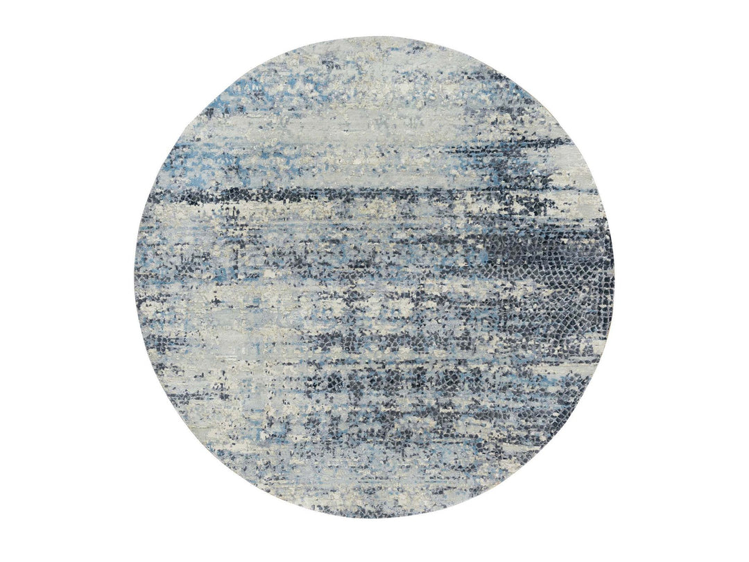 6'11" x 6'11" New Hand Knotted Grey Wool & Silk Round Oriental Rug - MOA10265879