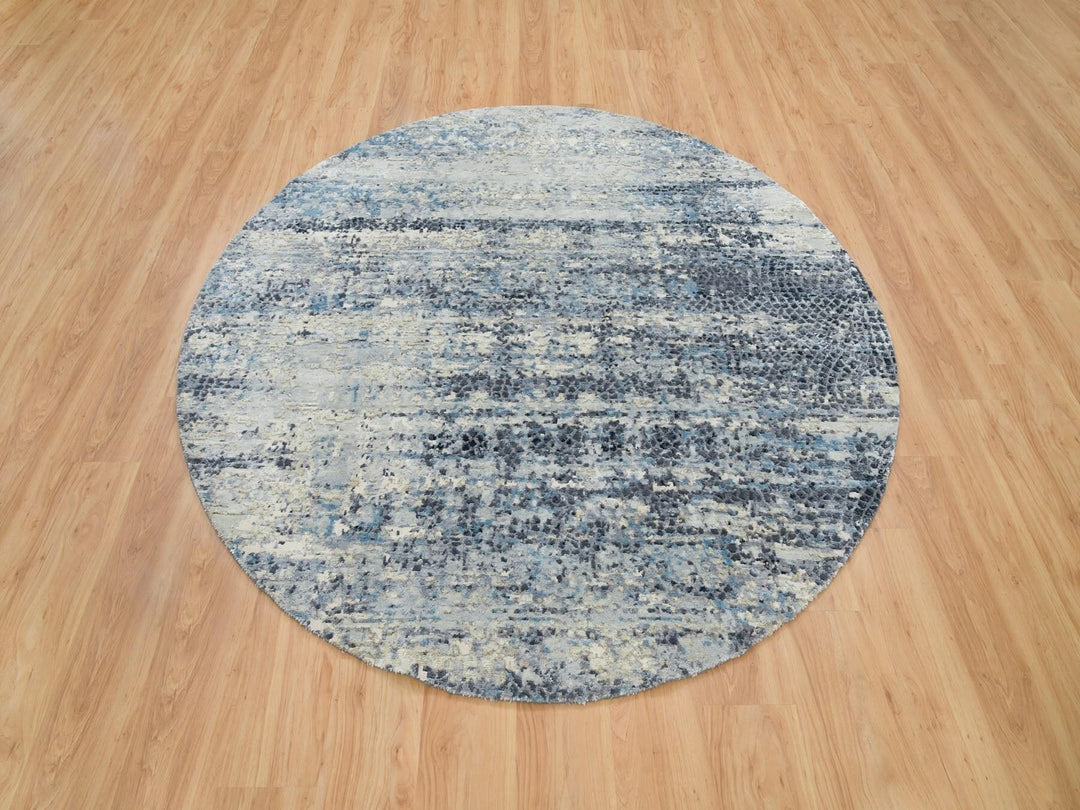 6'11" x 6'11" New Hand Knotted Grey Wool & Silk Round Oriental Rug - MOA10265879