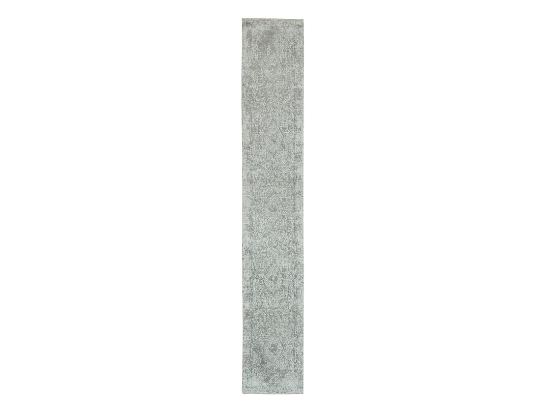 2'6" x 15'10" New Hand Knotted Grey Wool & Silk Runner Oriental Rug - MOA10265890