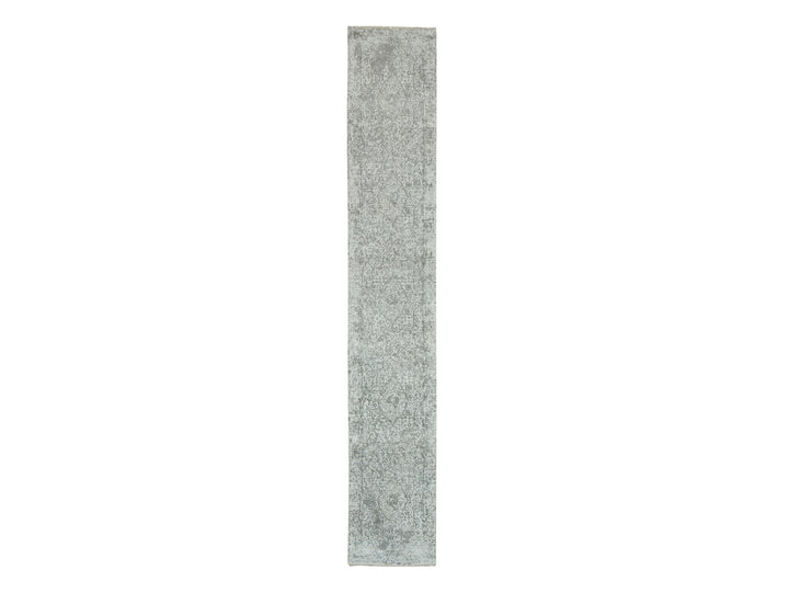 2'6" x 15'10" New Hand Knotted Grey Wool & Silk Runner Oriental Rug - MOA10265890